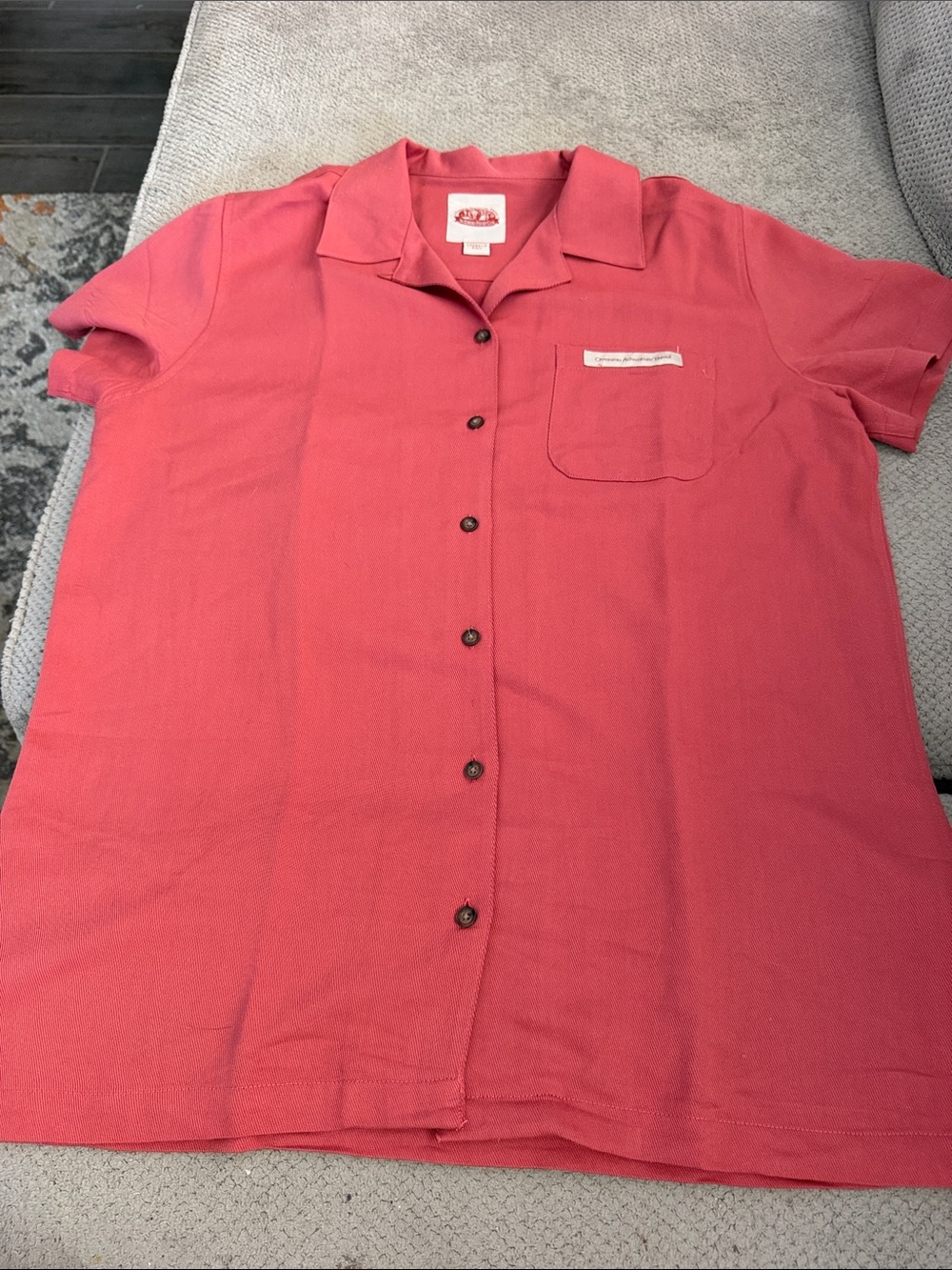 Short-Sleeve Coral Button-Up Blouse with Camp Collar